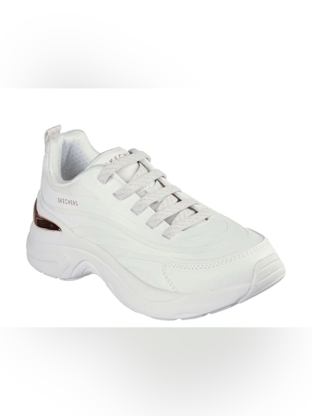 Skechers Women’s cream, Hazel step N flow trainer with rose gold Metallic Accent